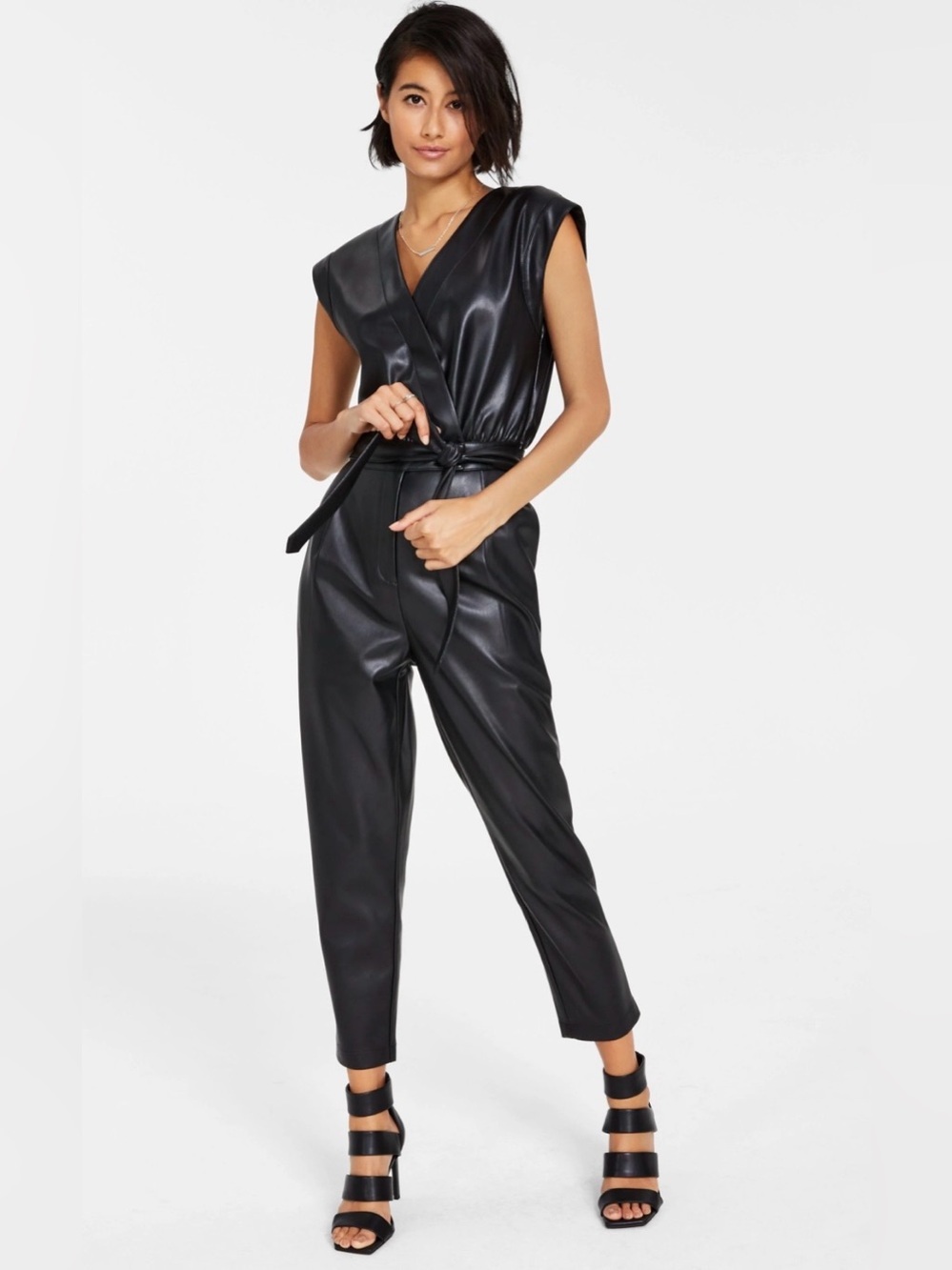 Sleeveless Faux Leather Jumpsuit in Black-Medium